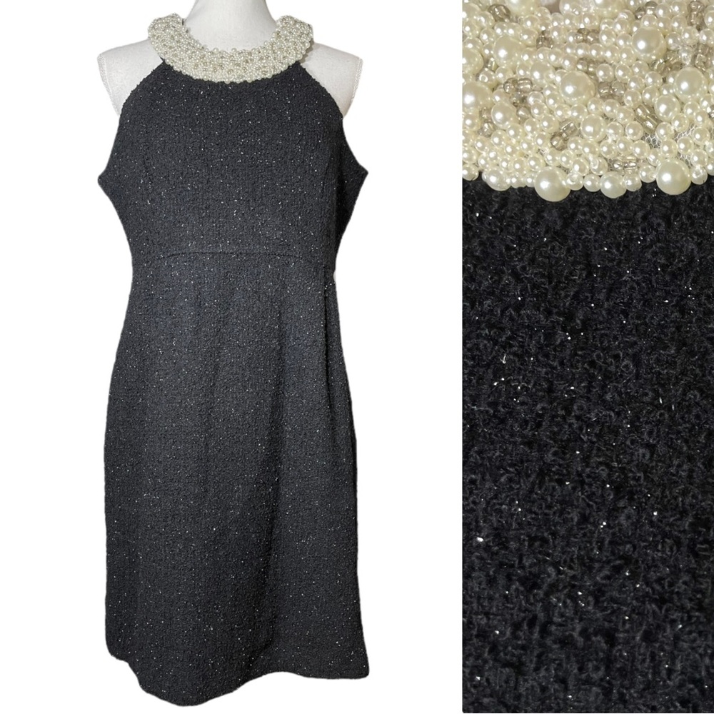 Pearl Collar Wool Tweed Dress EUC 12 Sleeveless Metallic Lined Textured Black